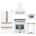 Forno 5-Piece Appliance Package - 30-inch Galiano French Door Gas Range, Hood, 36-Inch French Door Refrigerator, Dishwasher and 24-Inch Microwave Drawer in White with Antique Brass Trim