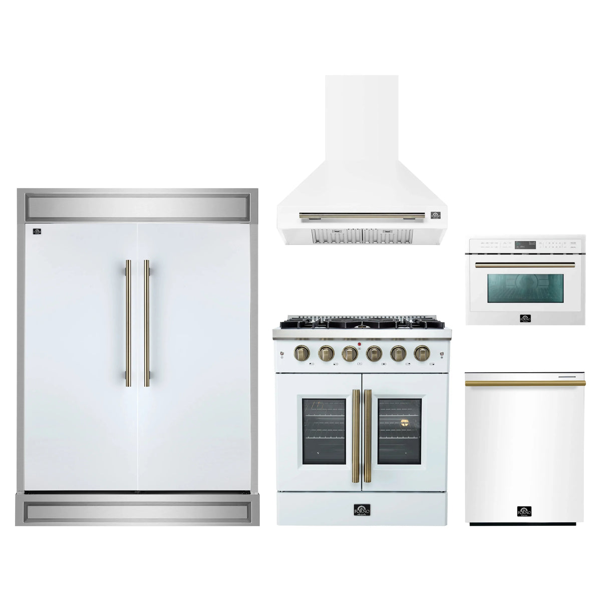 Forno 5-Piece Appliance Package - 30-inch Gas Range, Hood, Refrigerator, Dishwasher and 24-Inch Microwave Oven in White with Antique Brass Trim