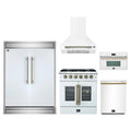 Forno 5-Piece Appliance Package - 30-inch Galiano French Door Gas Range, Hood, 60-Inch Built-In Refrigerator, Dishwasher and 30-Inch Microwave Oven in White with Antique Brass Trim