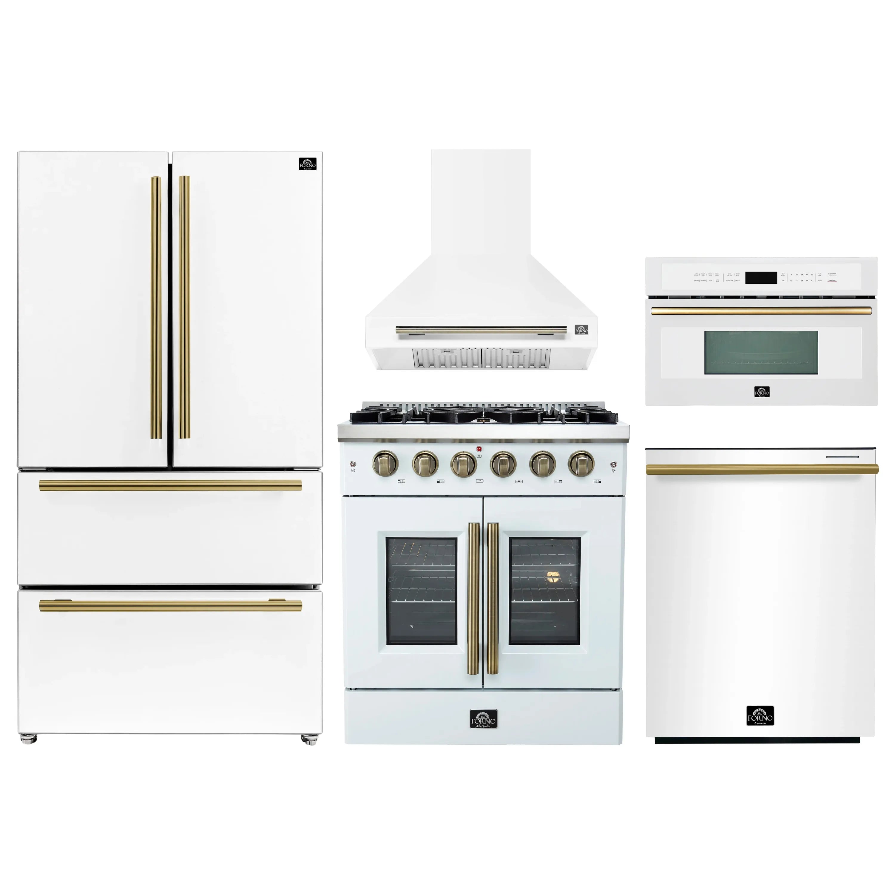 White appliance set: refrigerator, gas range, hood, microwave, and oven units