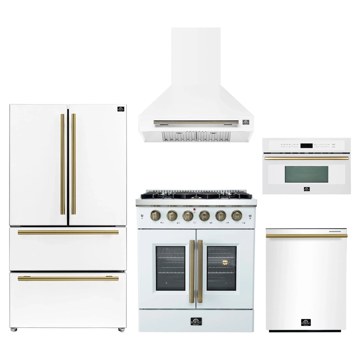 Forno 5-Piece Appliance Package - 30-inch Gas Range, Hood, Refrigerator, Dishwasher and 30-Inch Microwave Oven in White with Antique Brass Trim