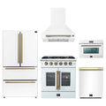 Forno 5-Piece Appliance Package - 30-inch Galiano French Door Gas Range, Hood, 36-Inch French Door Refrigerator, Dishwasher and 24-Inch Microwave Oven in White with Antique Brass Trim