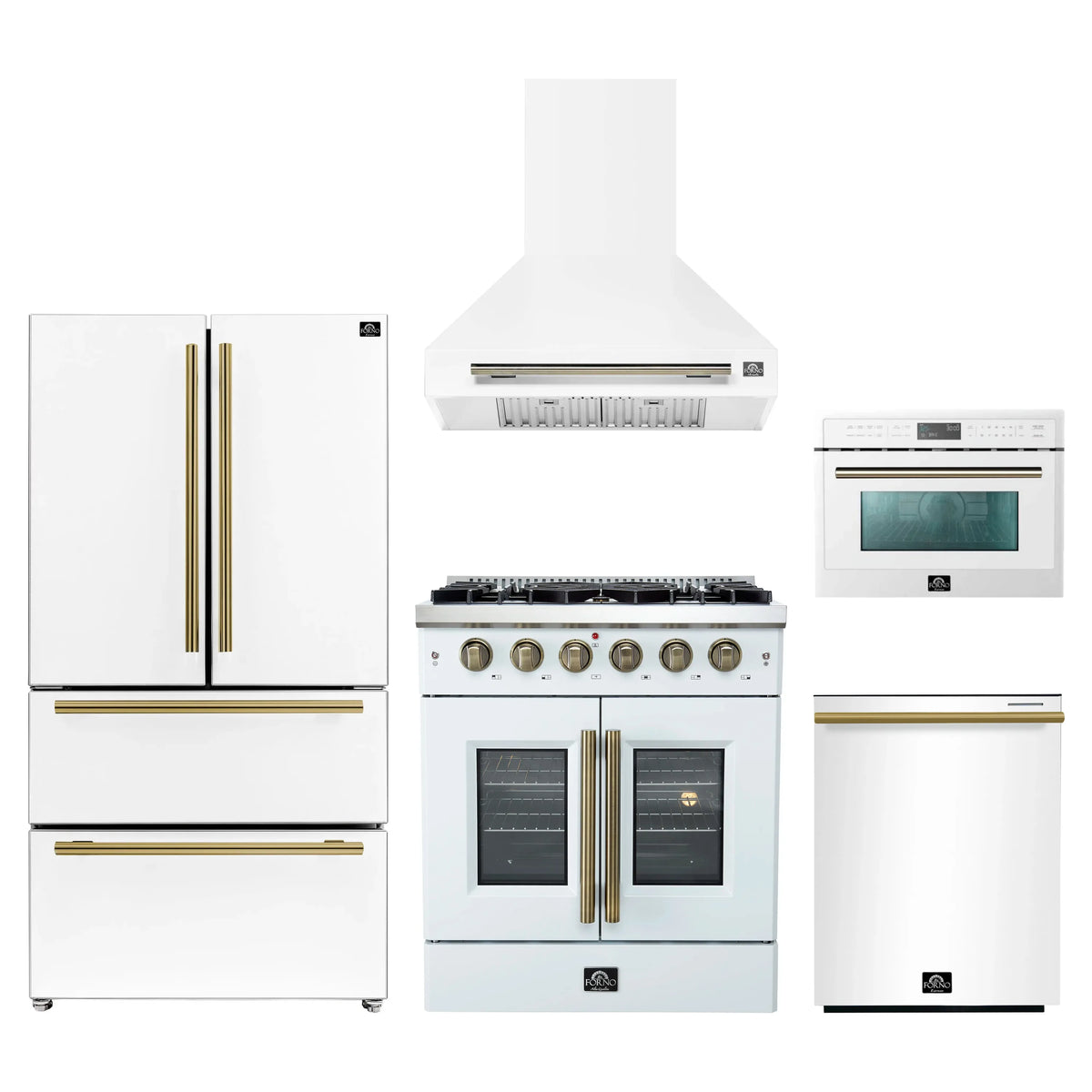 Forno 5-Piece Appliance Package - 30-inch Gas Range, Hood, Refrigerator, Dishwasher and 24-Inch Microwave Oven in White with Antique Brass Trim