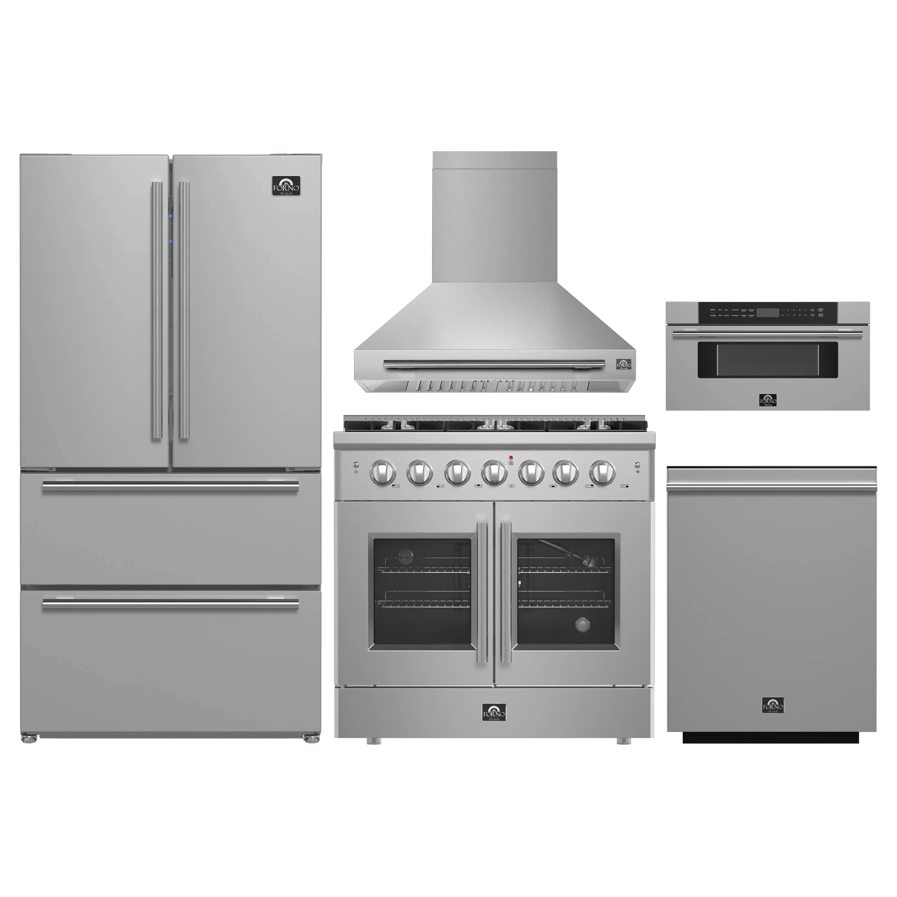 Stainless steel kitchen appliance set with refrigerator, gas range, hood and oven