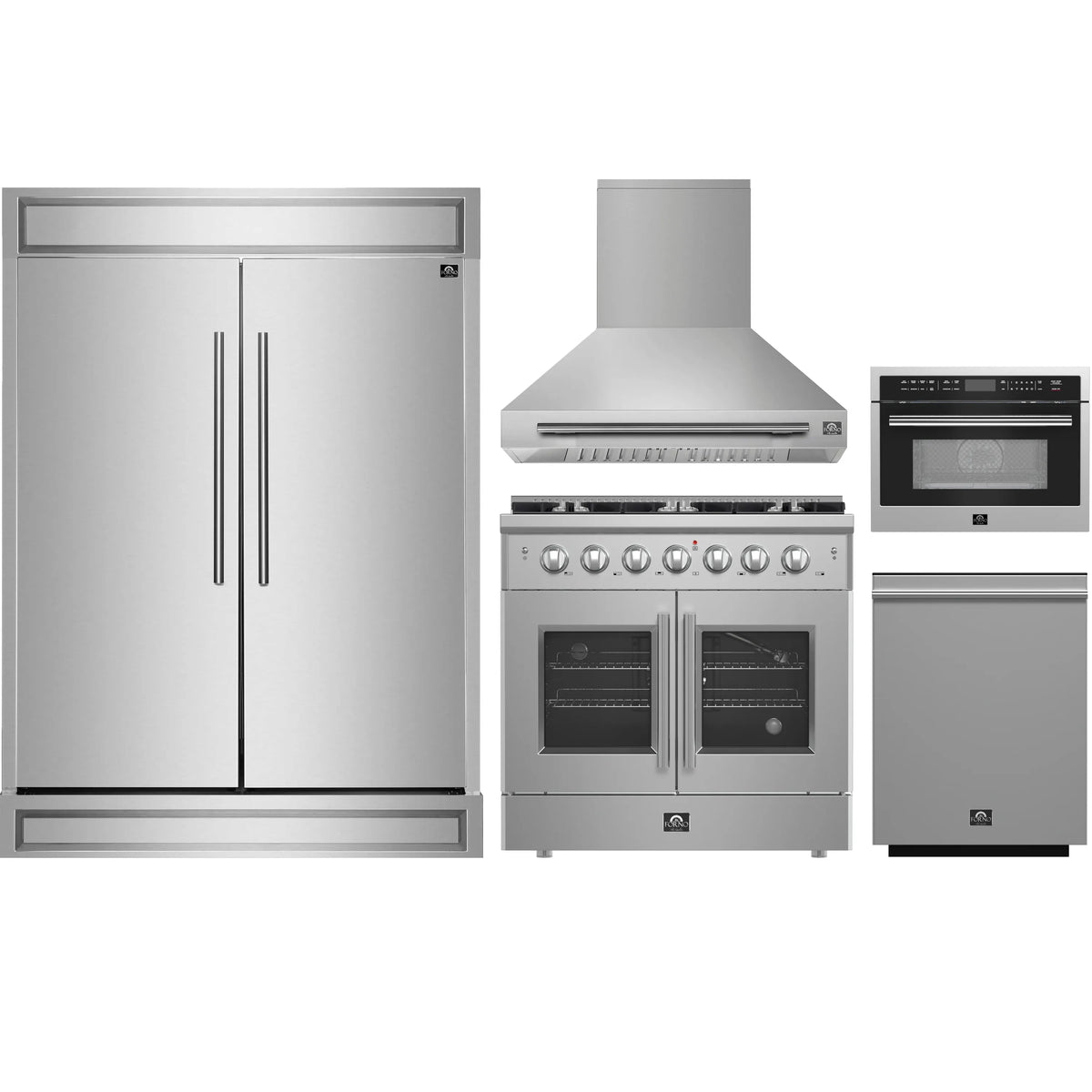 Stainless steel kitchen appliance set with refrigerator, hood, gas range, and wall oven