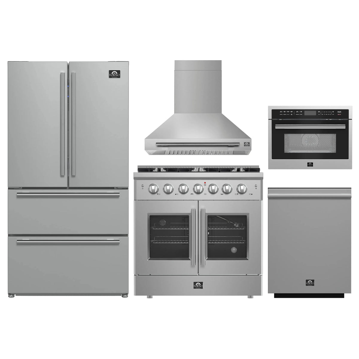 Stainless steel appliance package set showing refrigerator, range, hood, and microwave