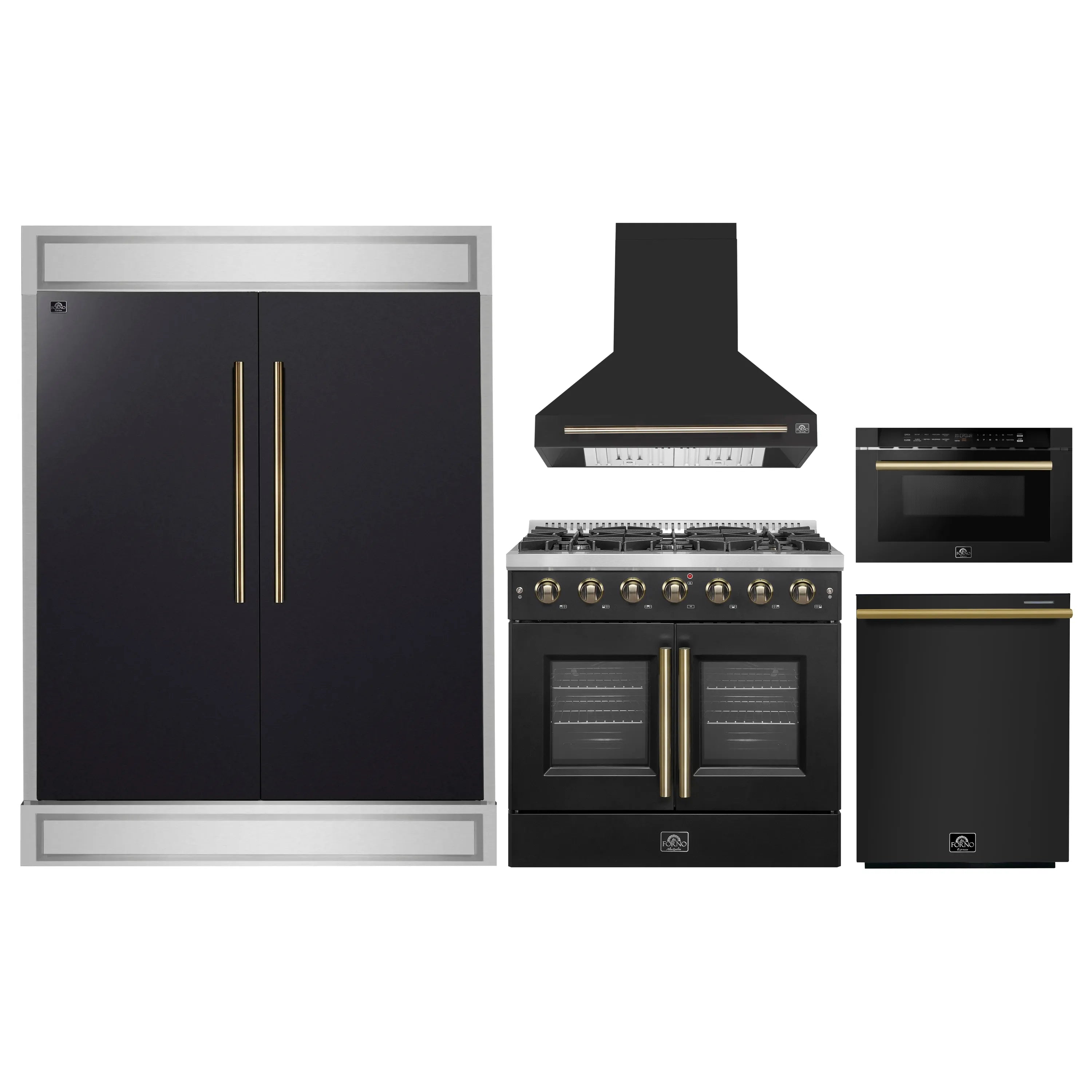 Black appliance package featuring refrigerator, range hood, gas range, dishwasher and microwave