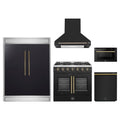 Forno 5-Piece Appliance Package - 36-inch Galiano French Door Gas Range, Hood, 60-Inch Built-In Refrigerator, Dishwasher and 24-Inch Microwave Drawer in Black with Antique Brass Trim