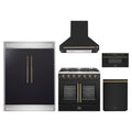 Forno 5-Piece Appliance Package - 36-inch Galiano French Door Gas Range, Hood, 60-Inch Built-In Refrigerator, Dishwasher and 30-Inch Microwave Drawer in Black with Antique Brass Trim
