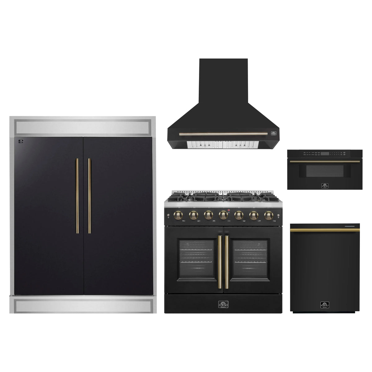 Forno 5-Piece Appliance Package - 36-inch Gas Range, Hood, Refrigerator, Dishwasher and 30-Inch Microwave Drawer in Black with Antique Brass Trim