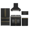 Forno 5-Piece Appliance Package - 36-inch Galiano French Door Gas Range, Hood, 36-Inch French Door Refrigerator, Dishwasher and 30-Inch Microwave Drawer in Black with Antique Brass Trim