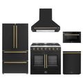 Forno 5-Piece Appliance Package - 36-inch Galiano French Door Gas Range, Hood, 36-Inch French Door Refrigerator, Dishwasher and 24-Inch Microwave Drawer in Black with Antique Brass Trim