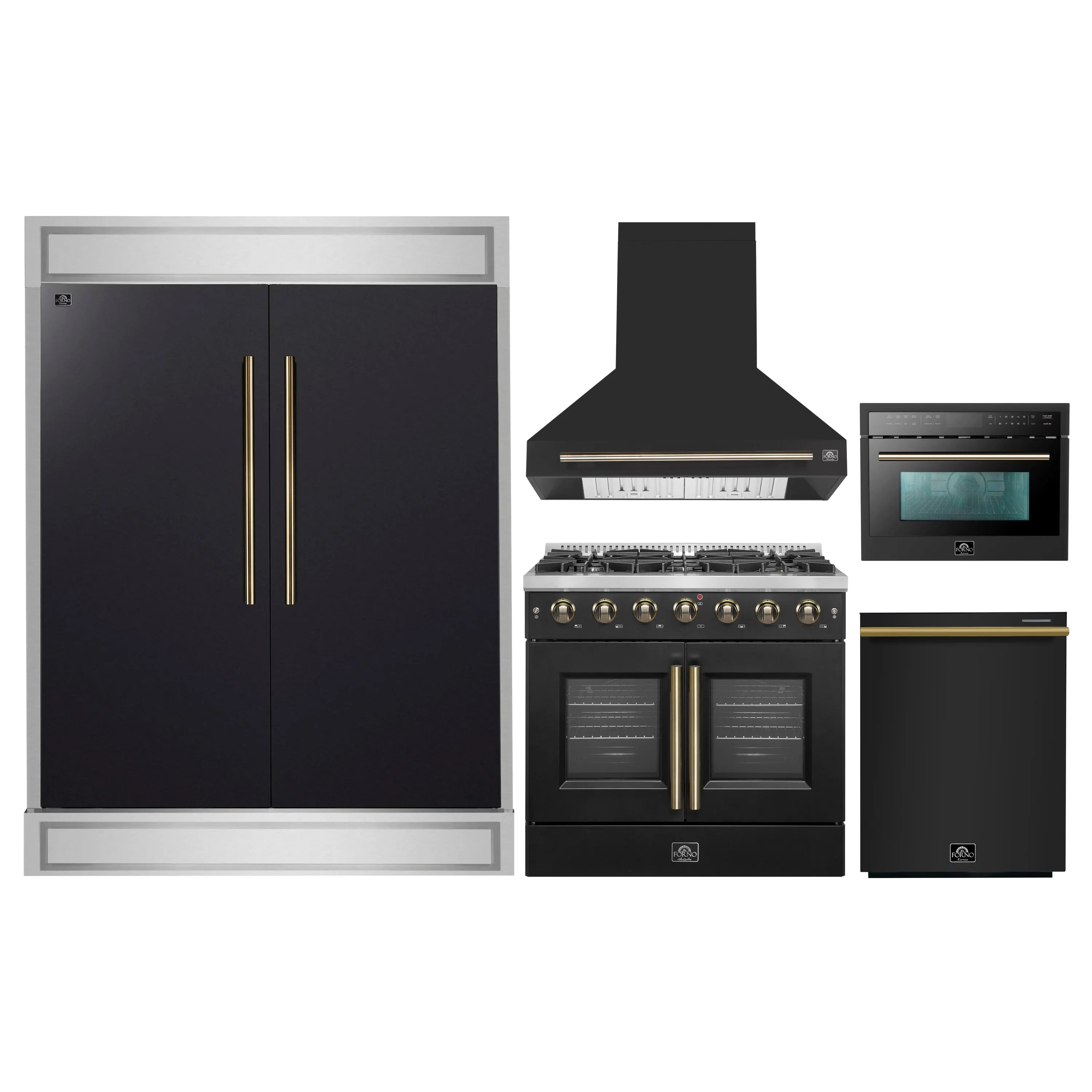 Black appliance package set with refrigerator, gas range, hood, dishwasher, microwave