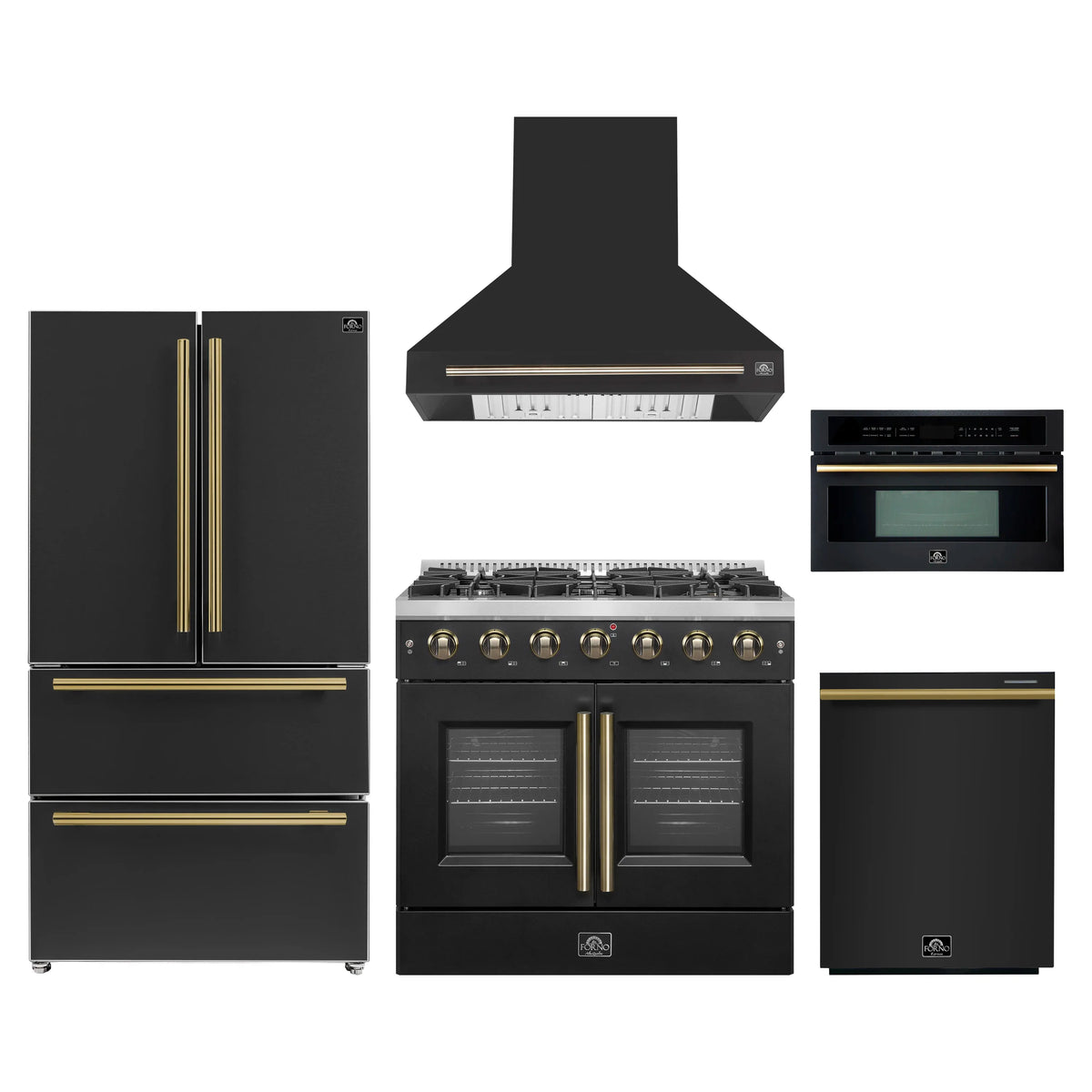 Forno 5-Piece Appliance Package - 36-inch Gas Range, Hood, Refrigerator, Dishwasher and 30-Inch Microwave Oven in Black with Antique Brass Trim