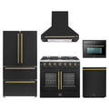 Forno 5-Piece Appliance Package - 36-inch Galiano French Door Gas Range, Hood, 36-Inch French Door Refrigerator, Dishwasher and 24-Inch Microwave Oven in Black with Antique Brass Trim
