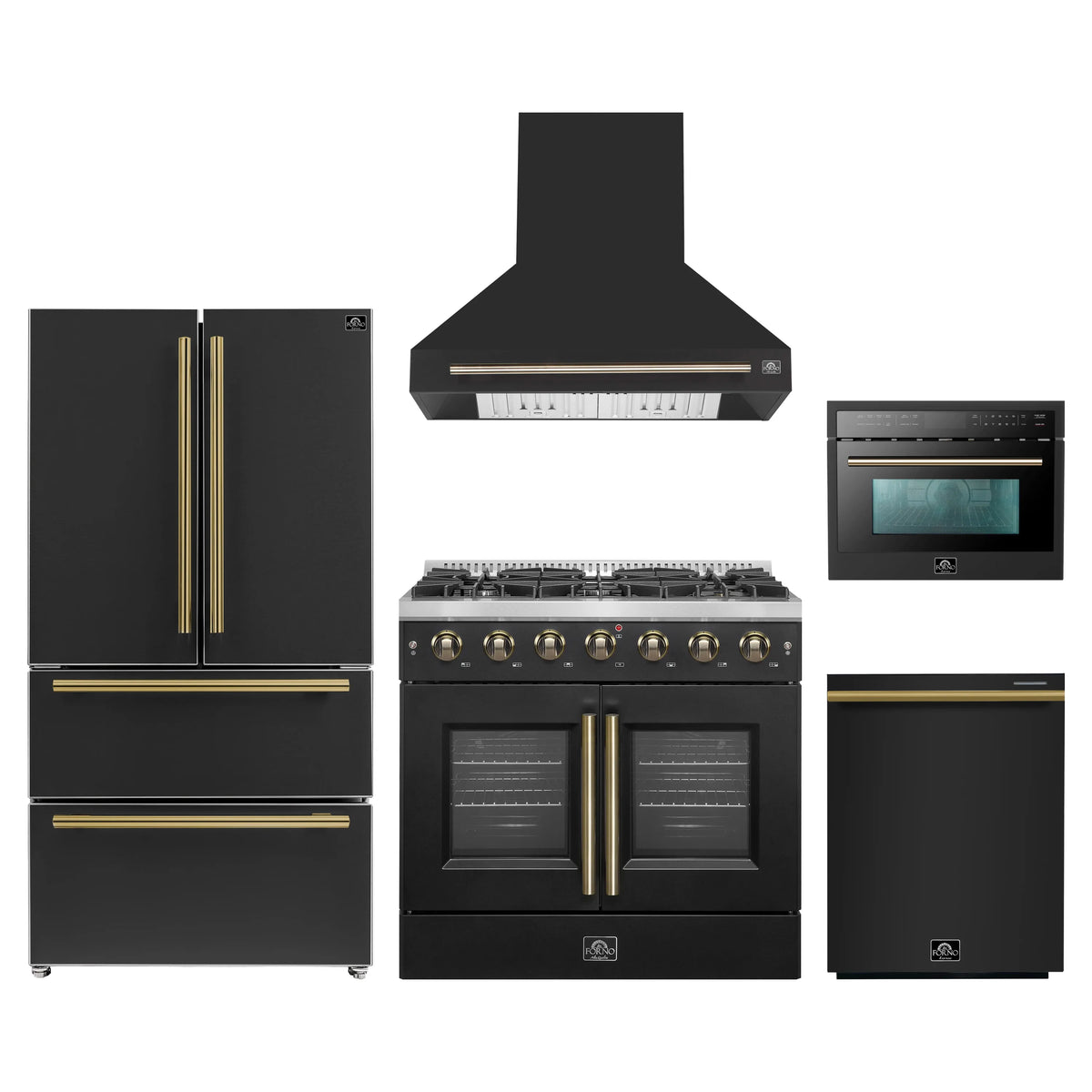 Forno 5-Piece Appliance Package - 36-inch Gas Range, Hood, Refrigerator, Dishwasher and 24-Inch Microwave Oven in Black with Antique Brass Trim