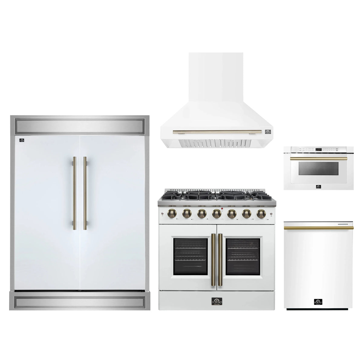 Forno 5-Piece Appliance Package - 36-inch Gas Range, Hood, Refrigerator, Dishwasher and 24-Inch Microwave Drawer in White with Antique Brass Trim