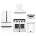 Forno 5-Piece Appliance Package - 36-inch Galiano French Door Gas Range, Hood, 36-Inch French Door Refrigerator, Dishwasher and 30-Inch Microwave Drawer in White with Antique Brass Trim