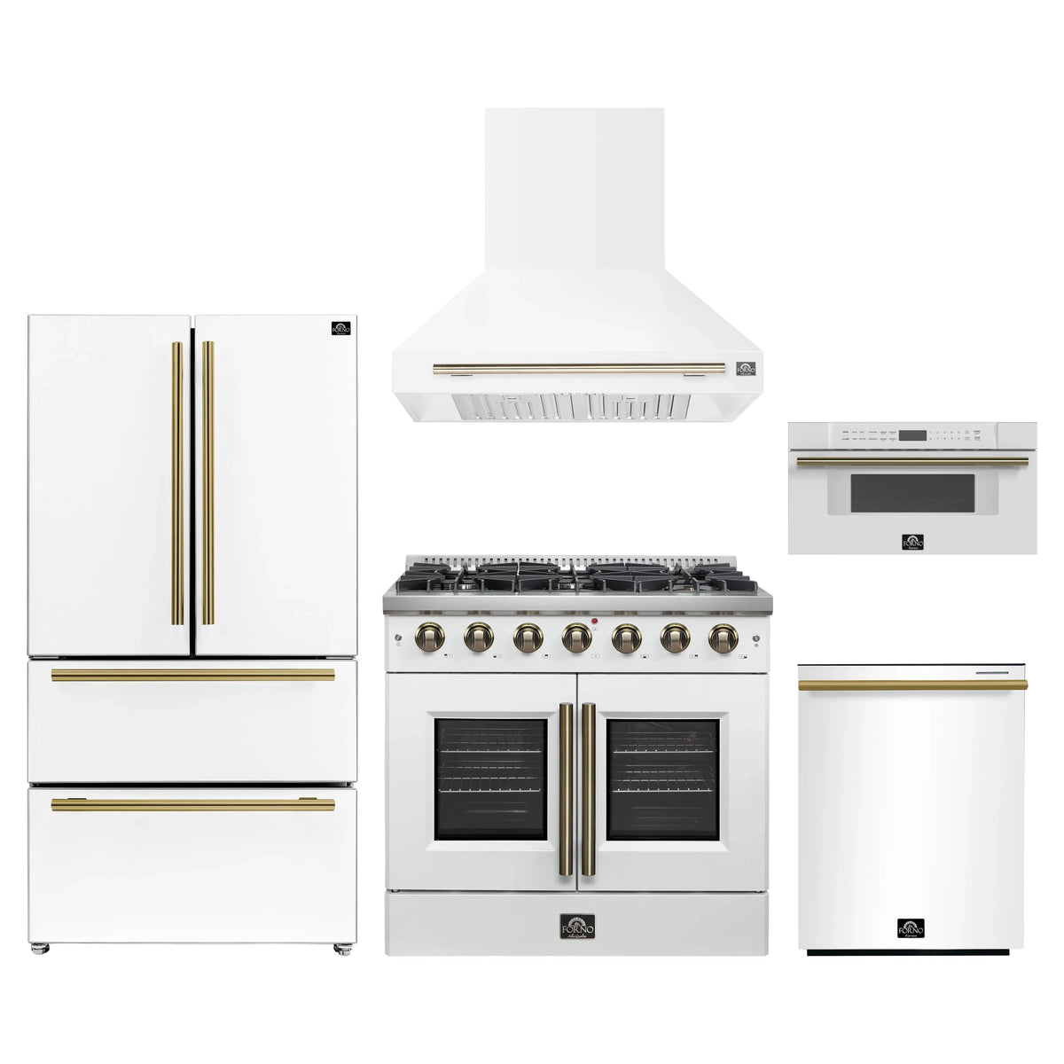 Forno 5-Piece Appliance Package - 36-inch Gas Range, Hood, Refrigerator, Dishwasher and 30-Inch Microwave Drawer in White with Antique Brass Trim