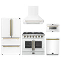 Forno 5-Piece Appliance Package - 36-inch Galiano French Door Gas Range, Hood, 36-Inch French Door Refrigerator, Dishwasher and 24-Inch Microwave Drawer in White with Antique Brass Trim