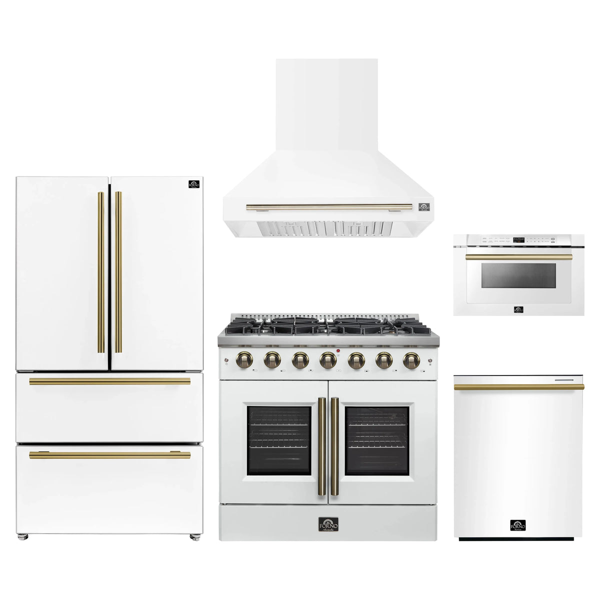 Forno 5-Piece Appliance Package - 36-inch Gas Range, Hood, Refrigerator, Dishwasher and 24-Inch Microwave Drawer in White with Antique Brass Trim