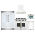 Forno 5-Piece Appliance Package - 36-inch Galiano French Door Gas Range, Hood, 60-Inch Built-In Refrigerator, Dishwasher and 24-Inch Microwave Oven in White with Antique Brass Trim