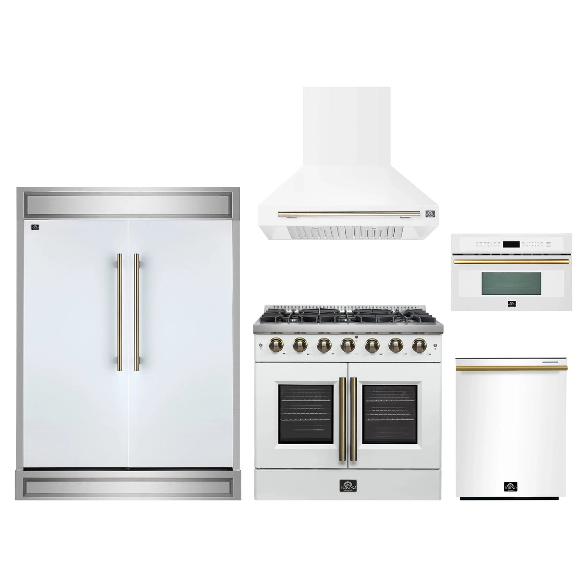 Forno 5-Piece Appliance Package - 36-inch Gas Range, Hood, Refrigerator, Dishwasher and 30-Inch Microwave Oven in White with Antique Brass Trim