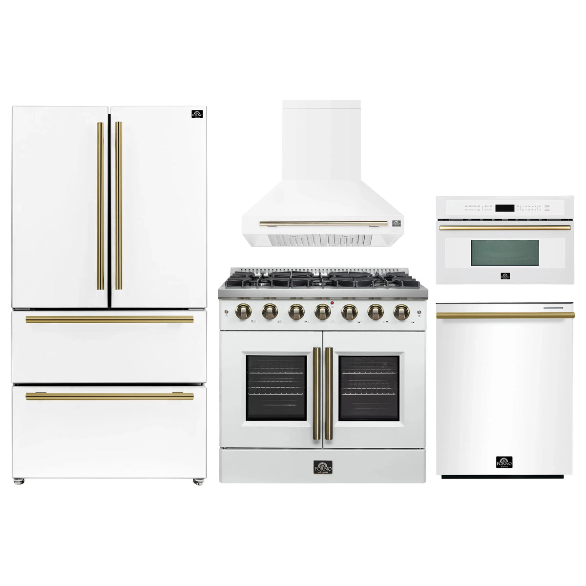 White kitchen appliance set: refrigerator, gas range with hood, microwave oven.