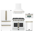Forno 5-Piece Appliance Package - 36-inch Galiano French Door Gas Range, Hood, 36-Inch French Door Refrigerator, Dishwasher and 30-Inch Microwave Oven in White with Antique Brass Trim
