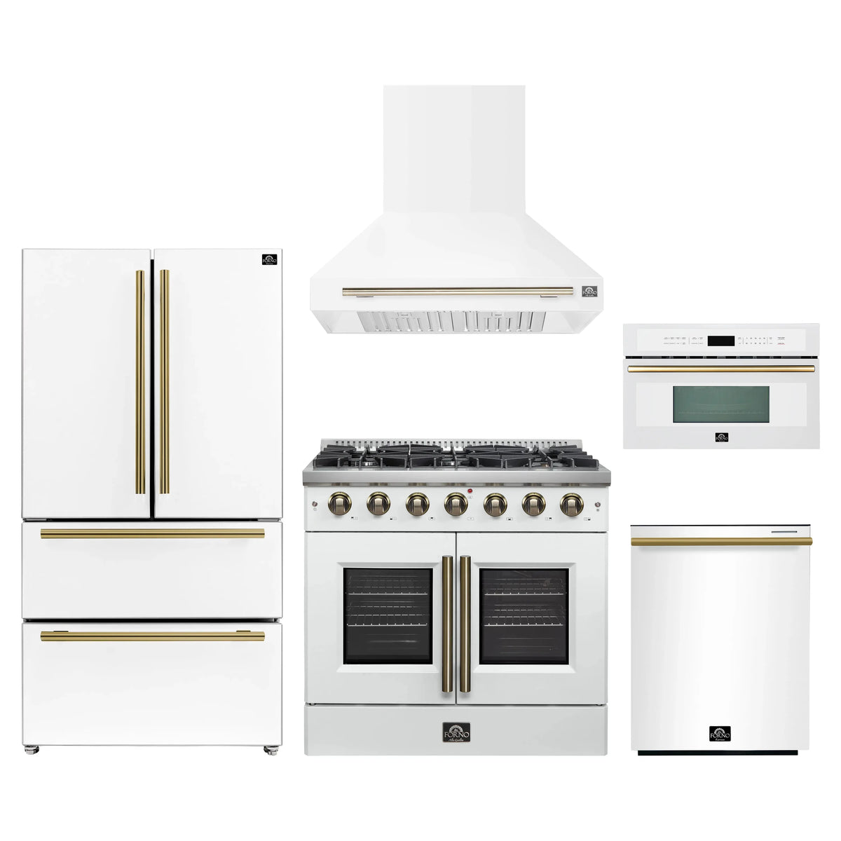 Forno 5-Piece Appliance Package - 36-inch Gas Range, Hood, Refrigerator, Dishwasher and 30-Inch Microwave Oven in White with Antique Brass Trim