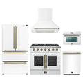 Forno 5-Piece Appliance Package - 36-inch Galiano French Door Gas Range, Hood, 36-Inch French Door Refrigerator, Dishwasher and 24-Inch Microwave Oven in White with Antique Brass Trim