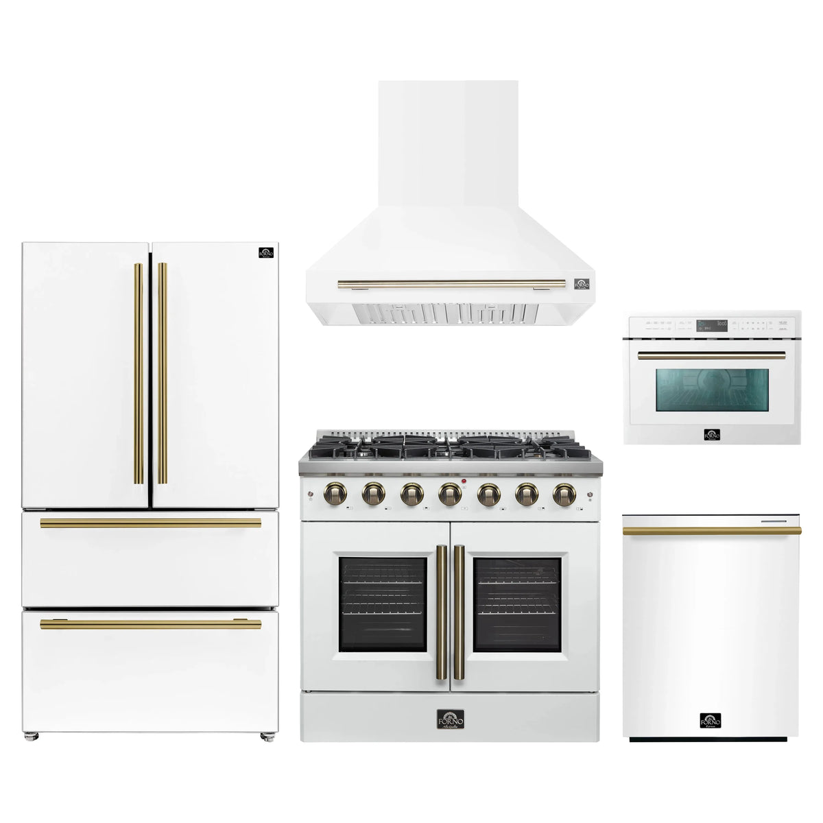 Forno 5-Piece Appliance Package - 36-inch Gas Range, Hood, Refrigerator, Dishwasher and 24-Inch Microwave Oven in White with Antique Brass Trim