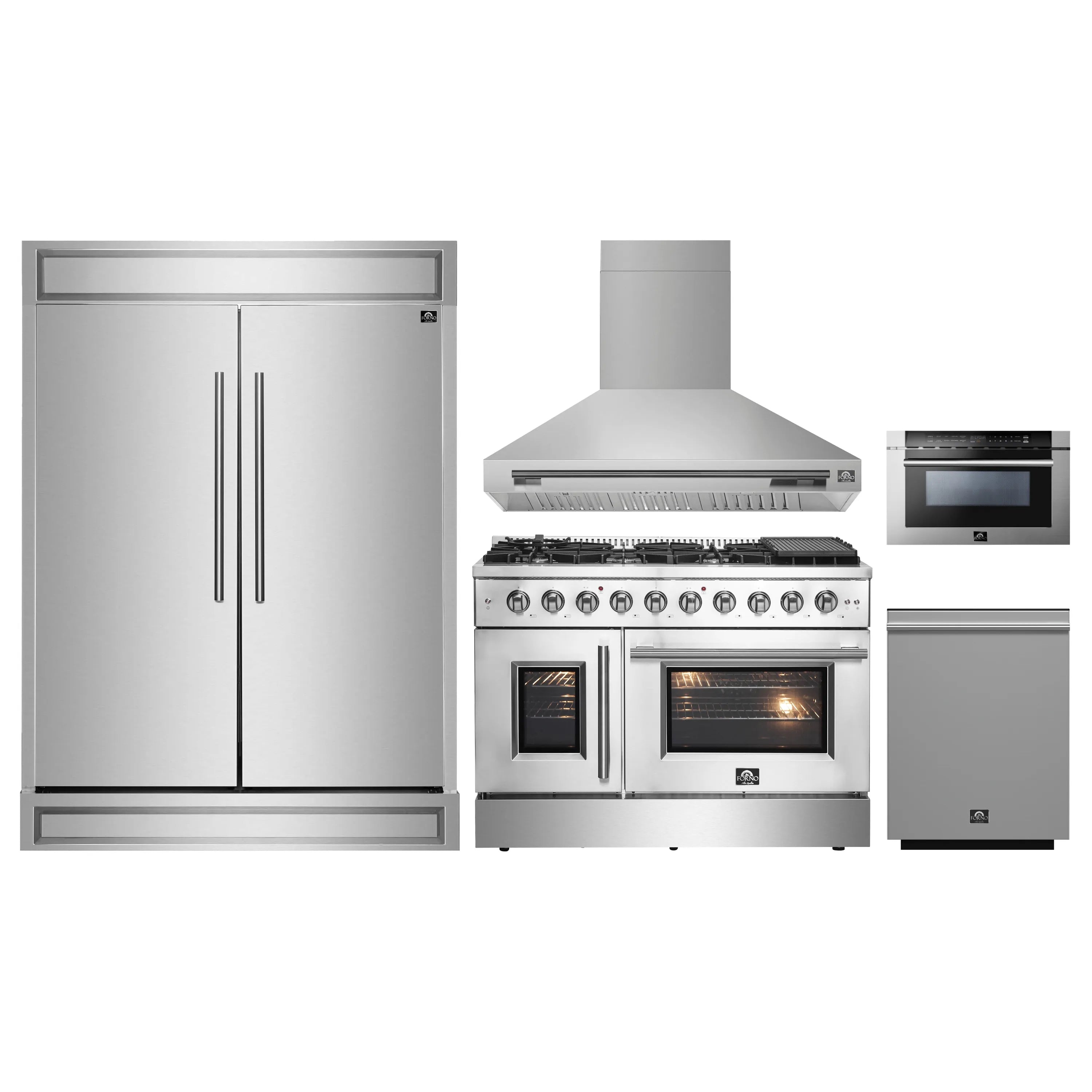 Stainless steel appliance set with refrigerator, range, hood, and dishwasher