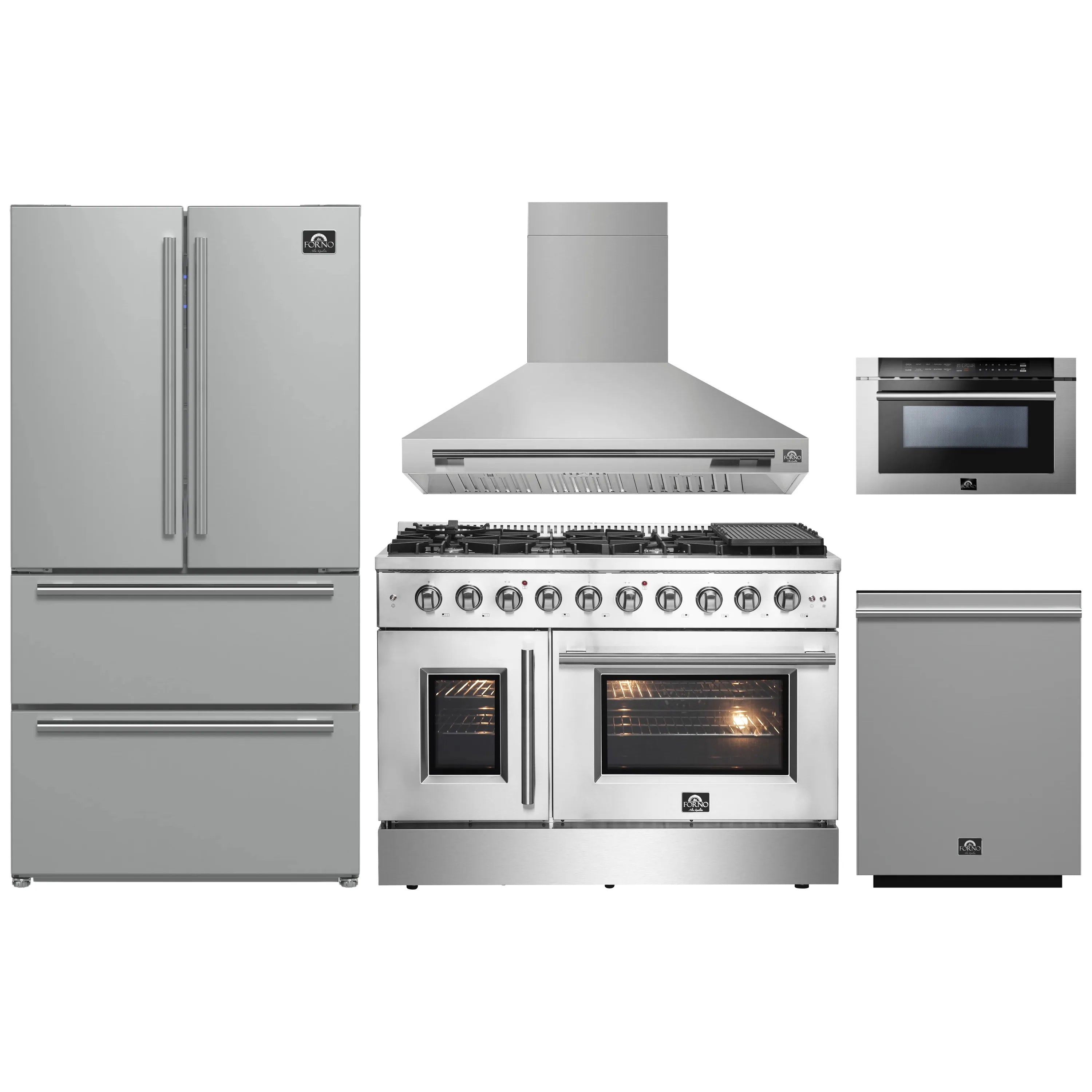 Stainless steel kitchen appliance set: refrigerator, hood, range, dishwasher, microwave