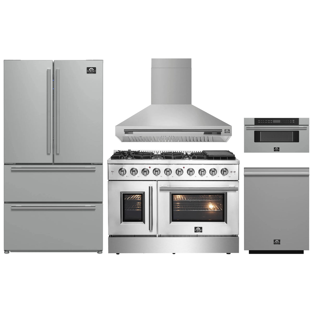 Stainless steel 5-piece kitchen appliance set: gas range, hood, fridge, dishwasher, microwave