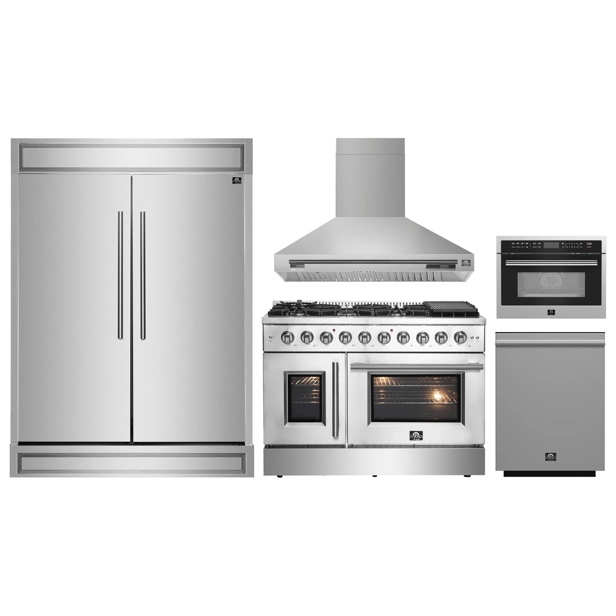 Stainless steel kitchen appliance set: refrigerator, range, hood, dishwasher, and microwave.