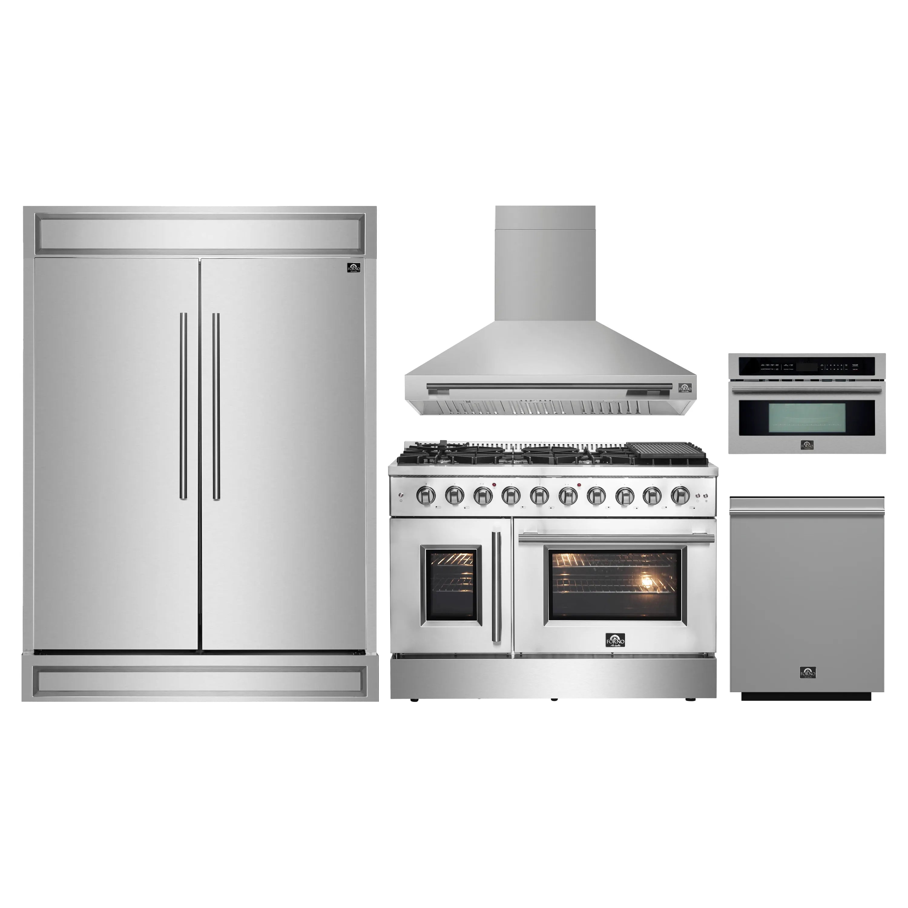 Stainless steel appliance package with refrigerator, range, hood, and oven