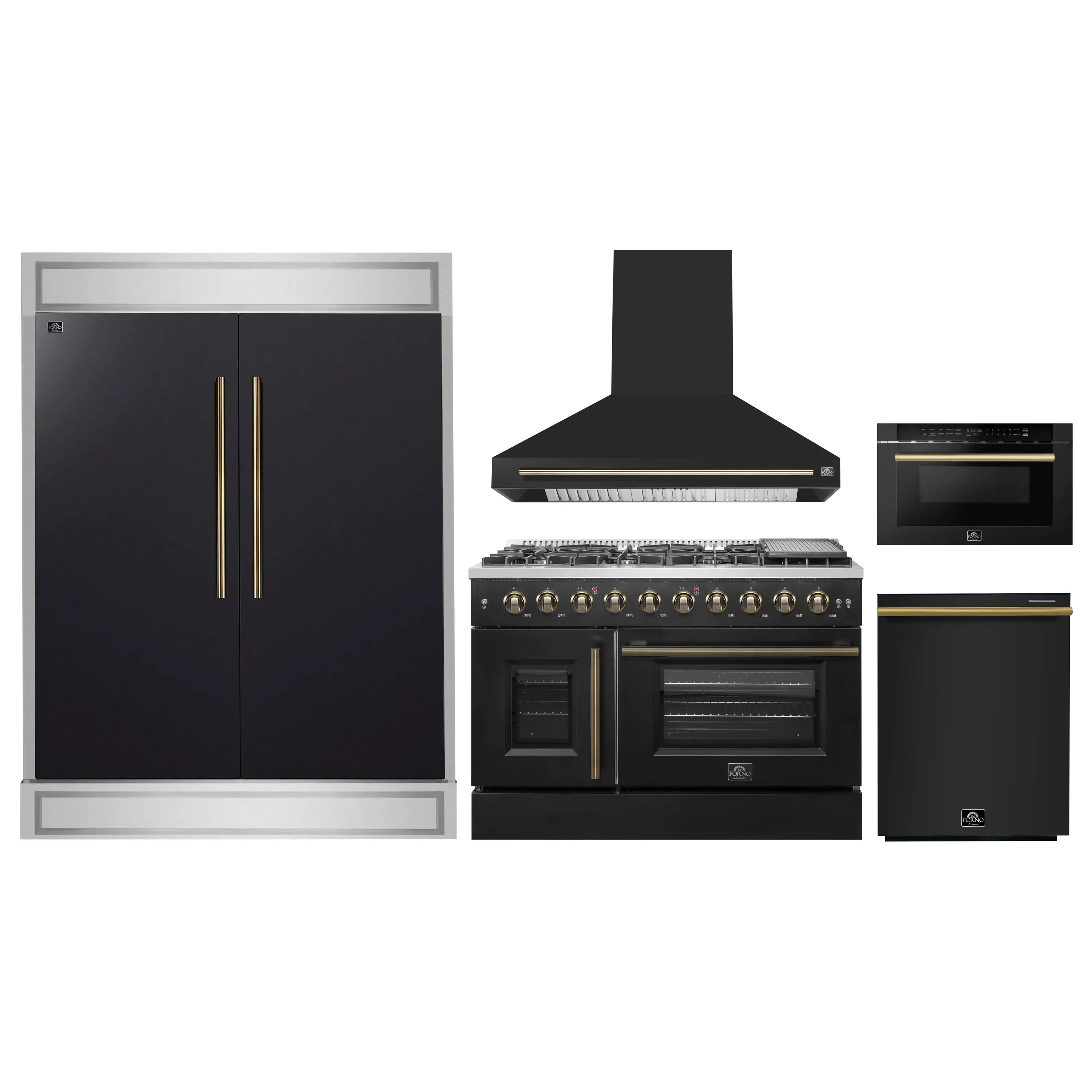 Black kitchen appliance set: refrigerator, gas range with hood, and built-in dishwasher