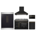 Forno 5-Piece Appliance Package - 48-inch Galiano French Door Gas Range, Hood, 60-Inch Built-In Refrigerator, Dishwasher and 24-Inch Microwave Drawer in Black with Antique Brass Trim