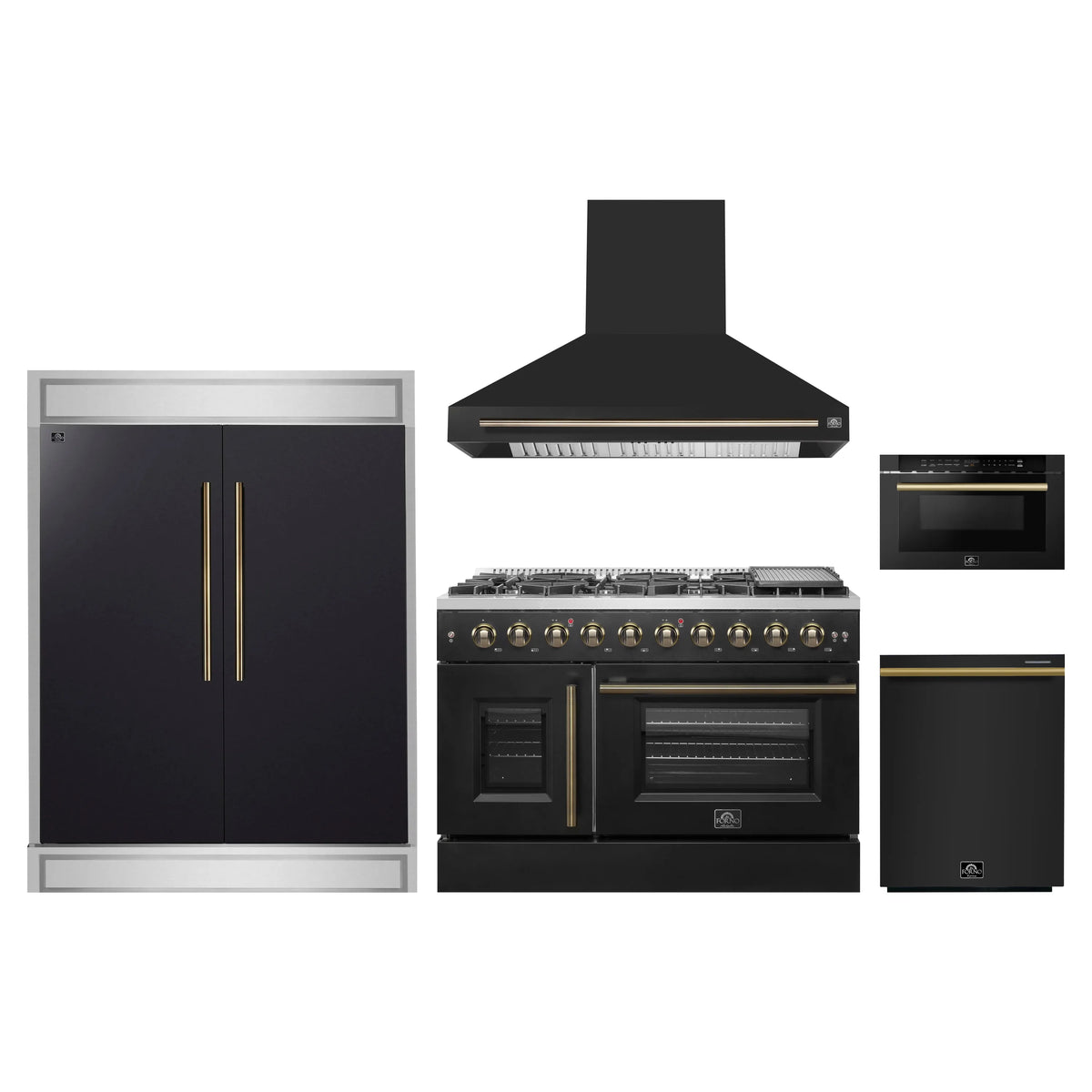 Forno 5-Piece Appliance Package - 48-inch Gas Range, Hood, Refrigerator, Dishwasher and 24-Inch Microwave Drawer in Black with Antique Brass Trim
