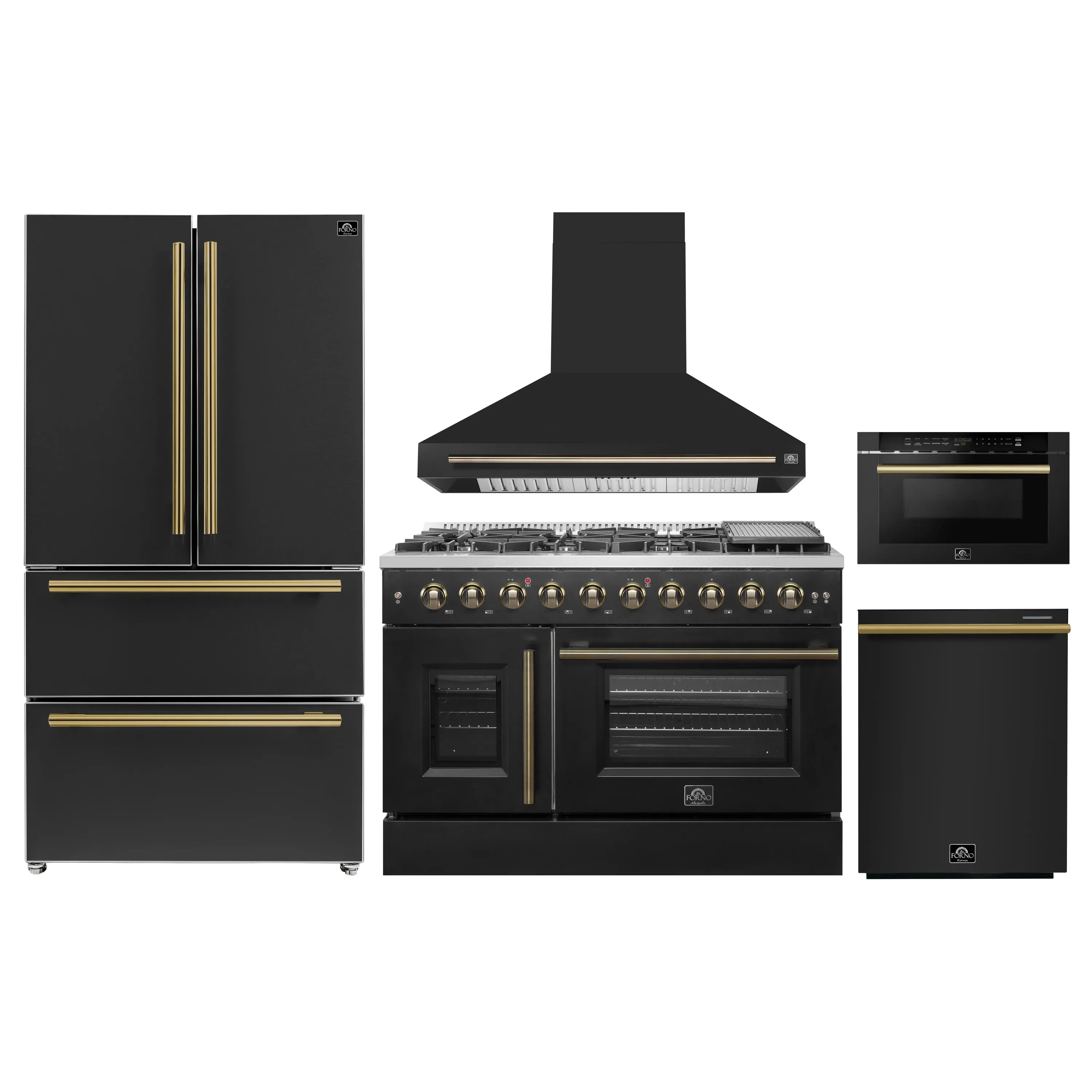 Black 5-piece appliance package: refrigerator, gas range with hood, microwave drawer, dishwasher