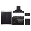 Forno 5-Piece Appliance Package - 48-inch Galiano French Door Gas Range, Hood, 60-Inch Built-In Refrigerator, Dishwasher and 30-Inch Microwave Drawer in Black with Antique Brass Trim