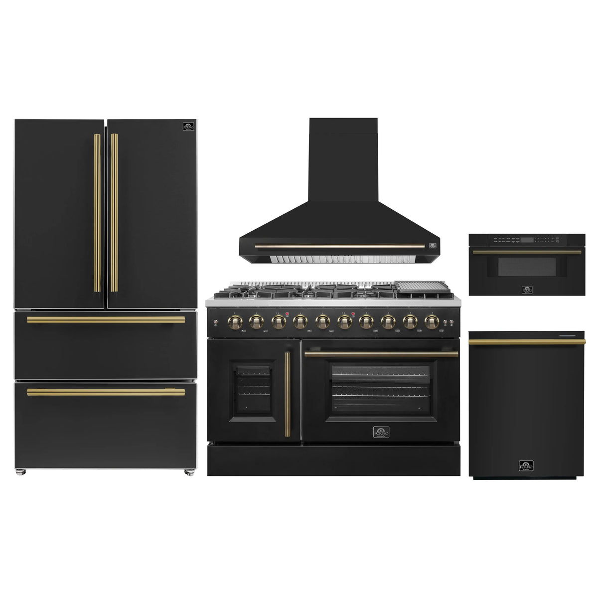 Black kitchen appliance set: refrigerator, gas range, hood, dishwasher, microwave