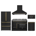 Forno 5-Piece Appliance Package - 48-inch Galiano French Door Gas Range, Hood, 36-Inch French Door Refrigerator, Dishwasher and 30-Inch Microwave Drawer in Black with Antique Brass Trim