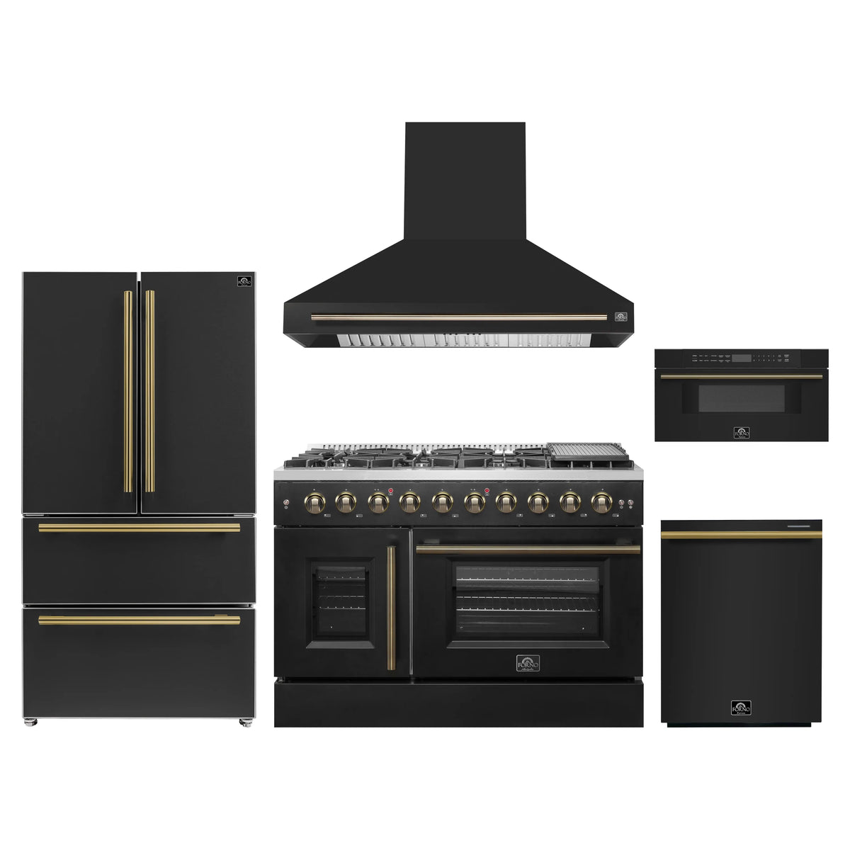 Forno 5-Piece Appliance Package - 48-inch Gas Range, Hood, Refrigerator, Dishwasher and 30-Inch Microwave Drawer in Black with Antique Brass Trim