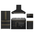 Forno 5-Piece Appliance Package - 48-inch Galiano French Door Gas Range, Hood, 36-Inch French Door Refrigerator, Dishwasher and 24-Inch Microwave Drawer in Black with Antique Brass Trim