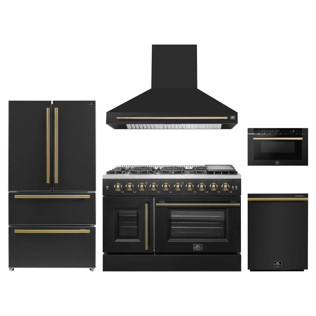 Forno 5-Piece Appliance Package - 48-inch Gas Range, Hood, Refrigerator, Dishwasher and 24-Inch Microwave Drawer in Black with Antique Brass Trim