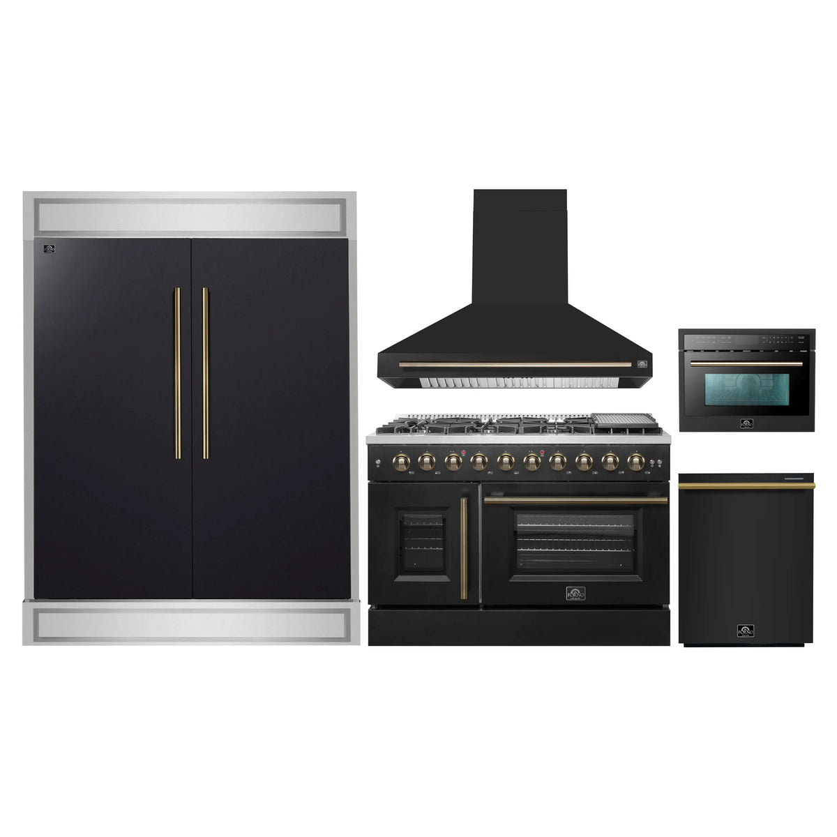 Black appliance set: refrigerator, gas range with hood, microwave, and dishwasher