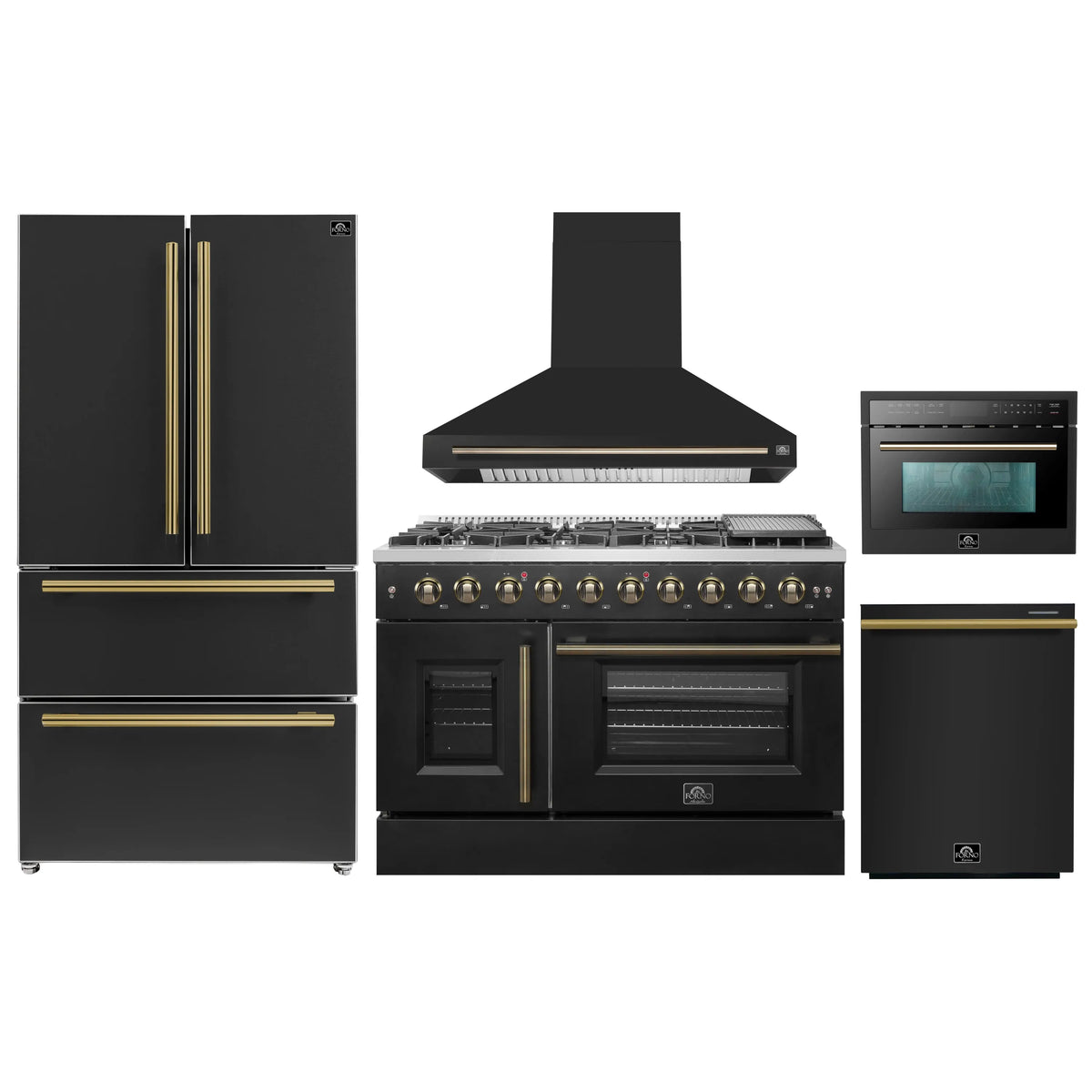 Black kitchen appliance package with refrigerator, range, hood, dishwasher and microwave