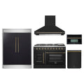 Forno 5-Piece Appliance Package - 48-inch Galiano French Door Gas Range, Hood, 60-Inch Built-In Refrigerator, Dishwasher and 30-Inch Microwave Oven in Black with Antique Brass Trim
